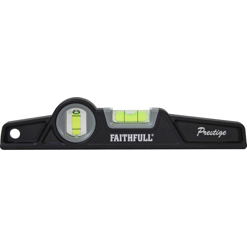 Faithfull Prestige heavy duty scaffold spirit level with black plastic body, circular bubble vial with green indicator, rectangular spirit level window, and mounting hole, displayed against white background