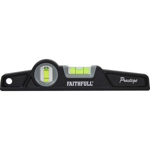 Faithfull Prestige heavy duty scaffold spirit level with black plastic body, circular bubble vial with green indicator, rectangular spirit level window, and mounting hole, displayed against white background