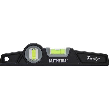 Faithfull Prestige heavy duty scaffold spirit level with black plastic body, circular bubble vial with green indicator, rectangular spirit level window, and mounting hole, displayed against white background