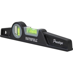 Faithfull Prestige black heavy duty scaffold spirit level with 10 inch length featuring circular bubble vial and green fluid indicator on white background