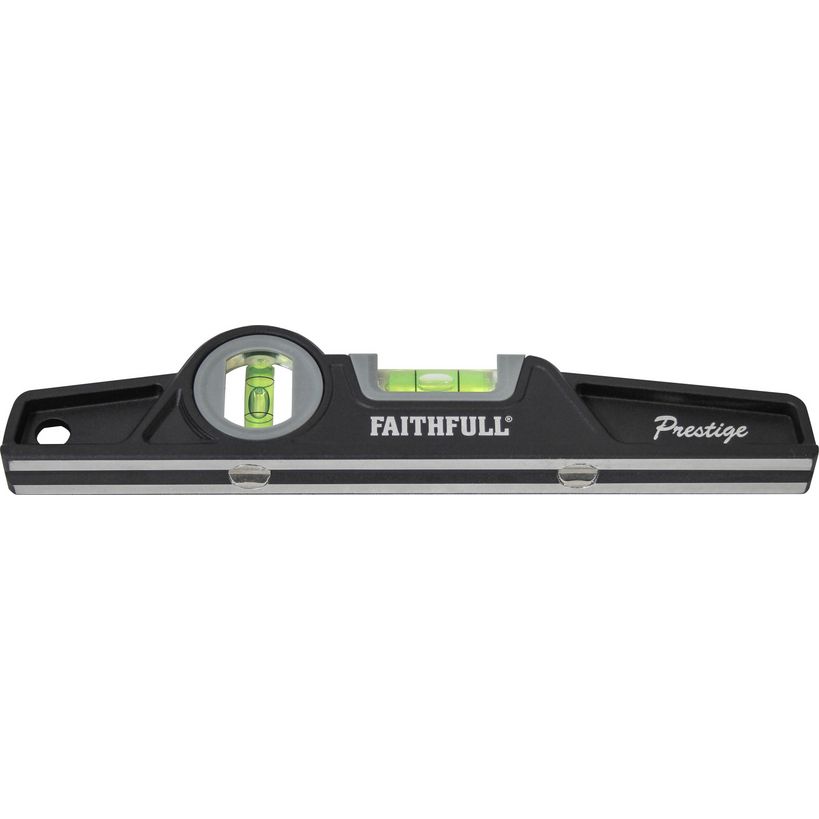 Faithfull Prestige black scaffold spirit level with central circular bubble vial and green bubble indicator, 10 inch heavy duty level tool on white background