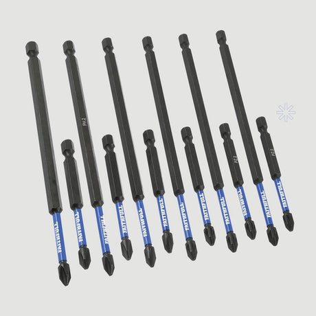 Faithfull 12 piece impact screwdriver bit set arranged in a row showing black hexagonal shafts with blue bands and black Phillips head tips on white background