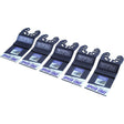 Five black Faithfull brand 32mm multi-tool speed edge blades with white and blue packaging labels arranged in a row against a white background