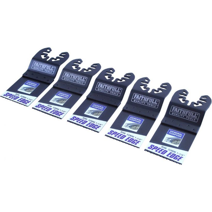 Five black Faithfull brand 32mm multi-tool speed edge blades with white and blue packaging labels arranged in a row against a white background