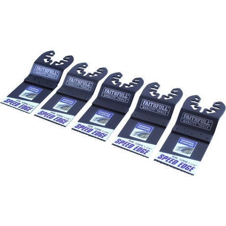 Five black Faithfull brand 32mm multi-tool speed edge blades with white and blue packaging labels arranged in a row against a white background