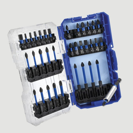 Faithfull 36 piece impact screwdriver bit set in blue and clear plastic case with black and blue bits including Phillips, Pozidriv and other driver types arranged in rows with magnetic holder
