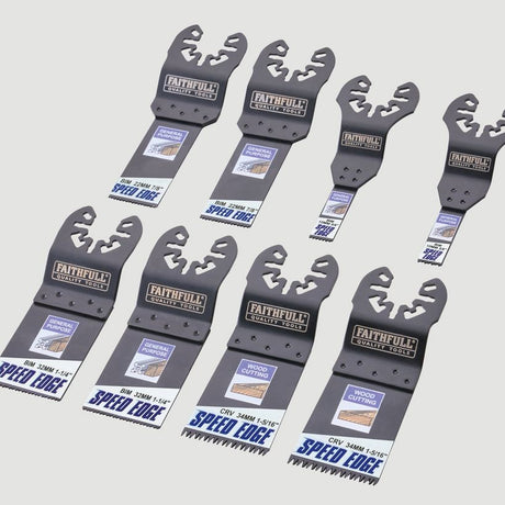 Eight black Faithfull Speed Edge multi-tool blades arranged in rows against a light gray background, featuring various blade types for wood cutting and general purpose work with labeled specifications and sizing information