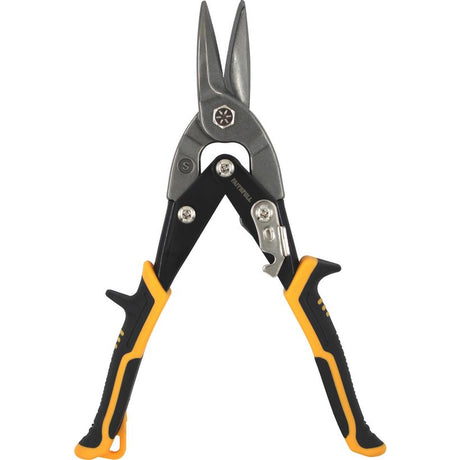 Faithfull compound aviation snips with straight cutting blades, featuring black and yellow ergonomic handles and gray steel head with adjustment screw