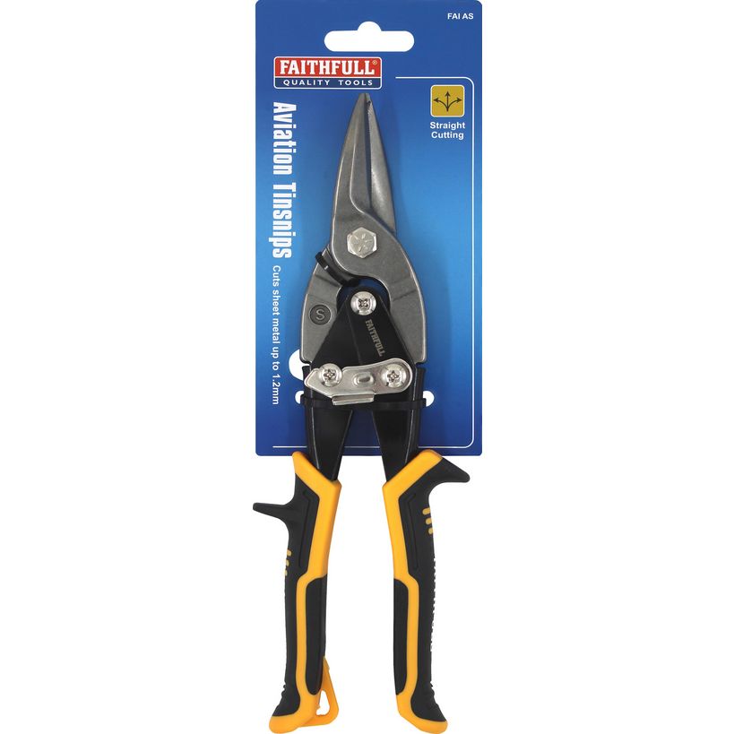 Faithfull Compound Aviation Snips with straight cutting blades, featuring black and yellow ergonomic handles, displayed on blue product packaging
