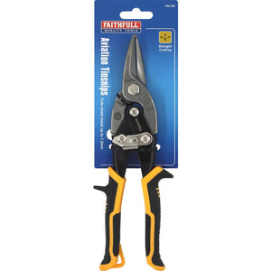 Faithfull Compound Aviation Snips with straight cutting blades, featuring black and yellow ergonomic handles, displayed on blue product packaging