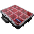 Faithfull Deep Professional Organiser with 12 red compartments, clear hinged lid, and black base with carry handles for tool and hardware storage