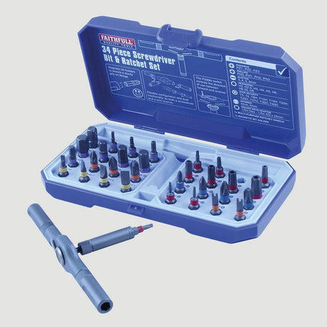 Faithfull 34 piece screwdriver bit and ratchet set in blue plastic case with palm ratchet driver and assorted colored bits displayed