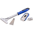 Faithfull Scraper Combi Pack with blue and black handled scraper tool, replacement blade cartridge, spare blades and storage case on white background