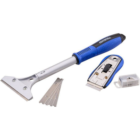 Faithfull Scraper Combi Pack with blue and black handled scraper tool, replacement blade cartridge, spare blades and storage case on white background