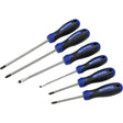 Faithfull 6 piece screwdriver set with blue and black soft grip handles and metal shafts arranged in a fan display showing various Phillips and flat head tips