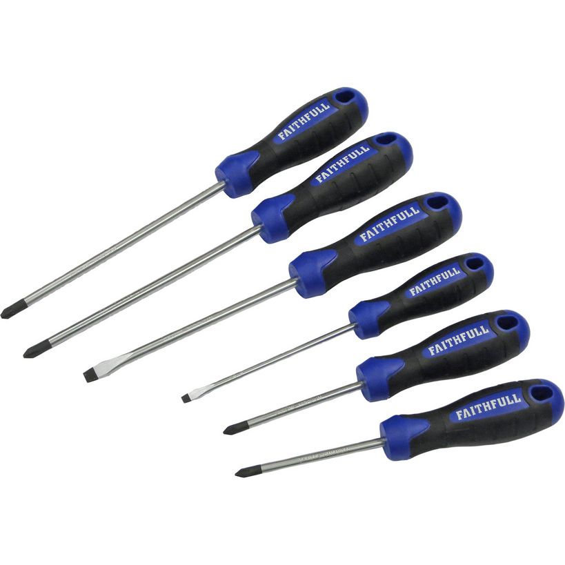 Faithfull 6 piece screwdriver set with blue and black soft grip handles and metal shafts arranged in a fan display showing various Phillips and flat head tips
