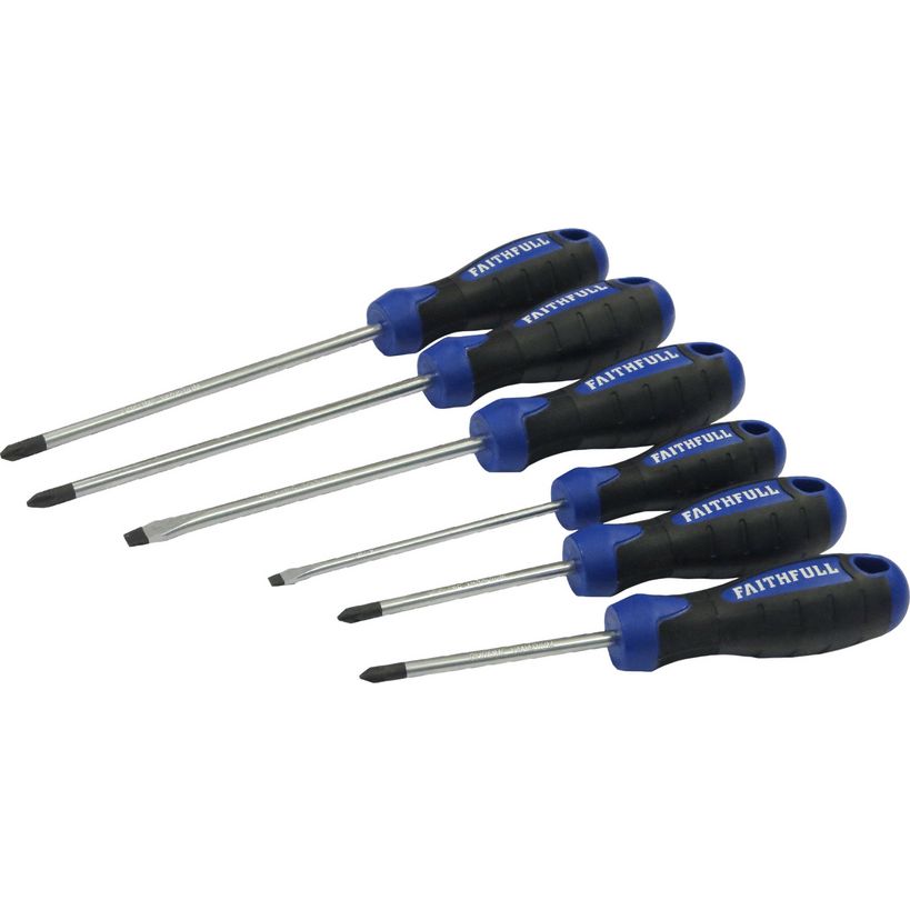 Faithfull 6 piece screwdriver set with blue and black soft grip handles and silver metal shafts arranged in a row