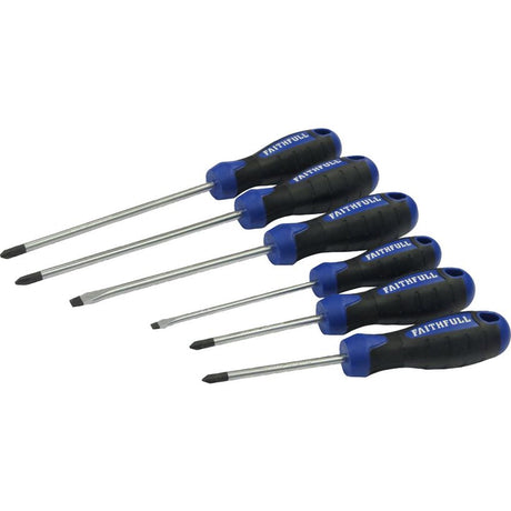 Faithfull 6 piece screwdriver set with blue and black soft grip handles and silver metal shafts arranged in a row
