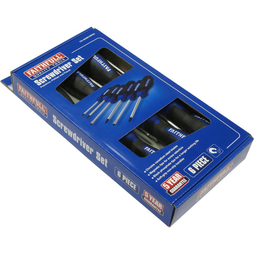 Faithfull 6 piece screwdriver set with soft grip handles in blue retail packaging showing black handled screwdrivers and metal shafts displayed in open box
