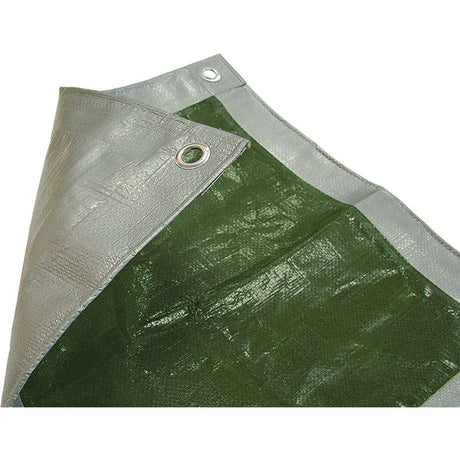 Faithfull green and silver reversible tarpaulin with metal eyelets and reinforced edges showing close-up detail of corner grommet and folded material layers