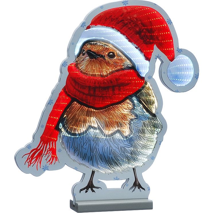 Festive 40cm Robin with Scarf Infinity Mirror Light | P065927