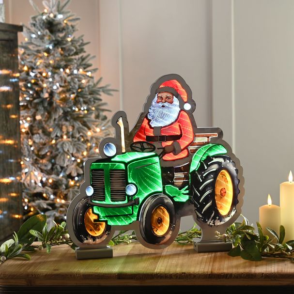 Festive 40cm Santa on a Tractor Infinity Mirror Light | P065926