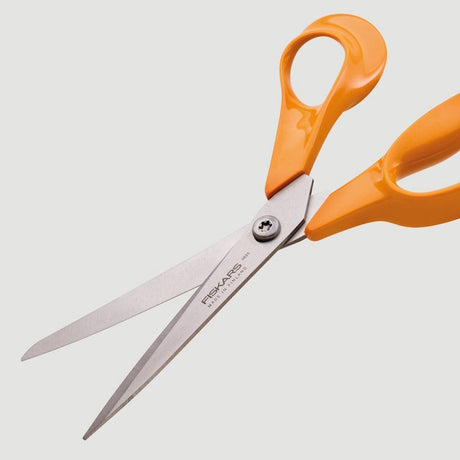 Fiskars Classic Scissors with orange handles and stainless steel blades, 21cm 8 inch size, shown open against white background