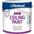 Fleetwood One Coat Brilliant White ceiling paint 5 litre can with dip and spatter resistant shield badge and flat matt emulsion finish on blue and white label