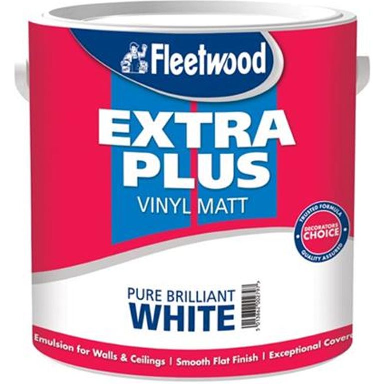 Fleetwood Extra Plus Vinyl Matt 5 litre paint tin in Brilliant White with red and blue branding label on white background