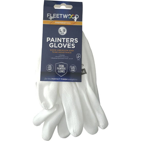 Fleetwood white painters gloves size L/9 in packaging showing flexible cotton work gloves with good abrasion and tear resistance for painting preparation