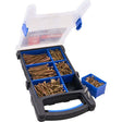 Forgefix 650 piece brass wood screw set in black and blue plastic organiser box with compartmented trays containing various sized screws and removable blue storage tray