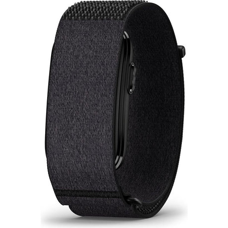 Garmin CIRQA Smart Band L/XL in black showing fabric wristband with textured weave pattern and black plastic clasp closure on white background