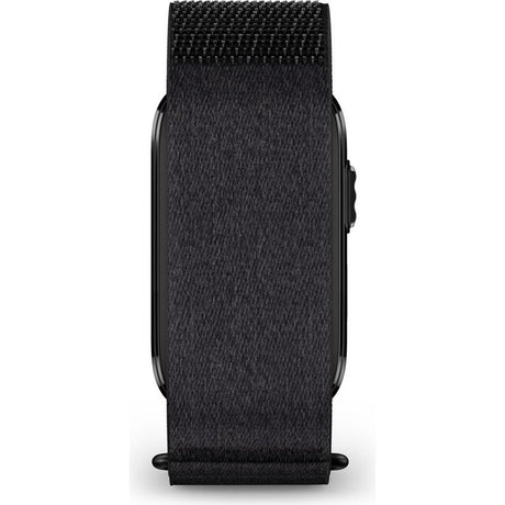 Black fabric Garmin CIRQA smart band with mesh weave material and dark metallic accents shown flat against white background