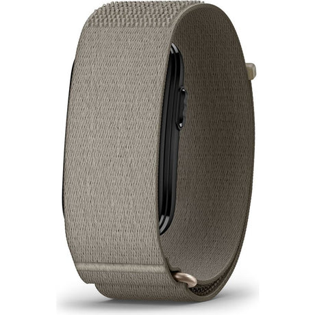 Garmin CIRQA Smart Band in French Grey size S/M showing woven fabric strap with black digital display and metal clasp fastener on white background