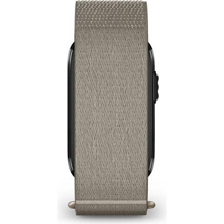 Garmin CIRQA Smart Band in French Grey fabric material showing front view of woven textile strap with black metal case connector and adjustment pins