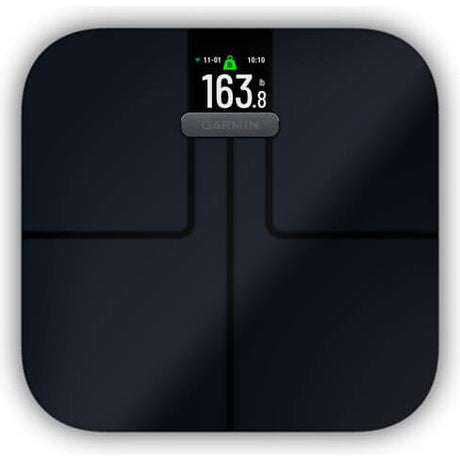 Garmin Index S2 smart bathroom weighing scale in black displaying 163.8 weight reading with digital screen showing time and date