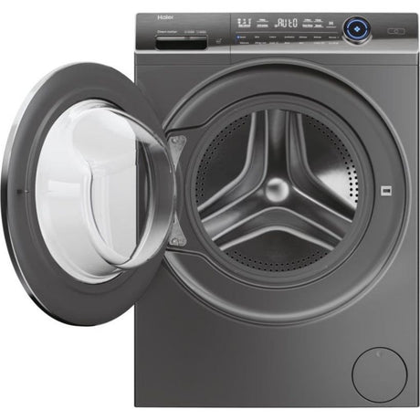 Haier I-Pro Series 7 Plus graphite grey front-load washing machine with open door showing stainless steel drum, 10kg capacity, 1400 spin, digital display and blue circular control dial