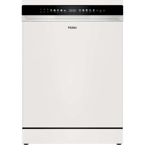 Haier I Pro Shine Series 3 white freestanding dishwasher with black control panel and digital display, 16 place settings capacity