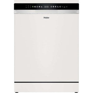 Haier I Pro Shine Series 3 white freestanding dishwasher with black control panel and digital display, 16 place settings capacity