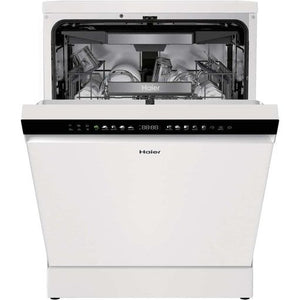 Haier I Pro Shine Series 3 white freestanding dishwasher with open door showing interior racks and black control panel with digital display