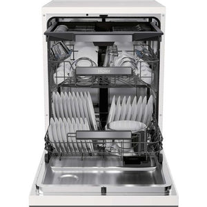 Haier I Pro Shine Series 3 white freestanding dishwasher with door open showing stainless steel interior, multiple place settings loaded on racks, and Haier branding visible