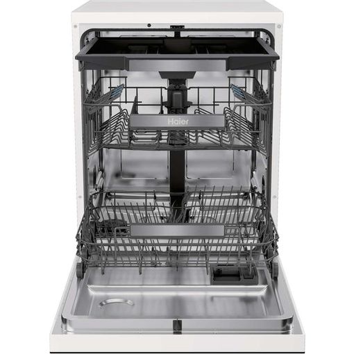Haier I Pro Shine Series 3 white freestanding dishwasher with open door showing stainless steel interior racks and spray arms, 16 place setting capacity