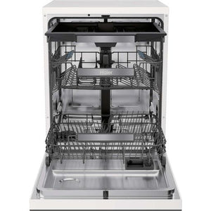 Haier I Pro Shine Series 3 white freestanding dishwasher with open door showing stainless steel interior racks and spray arms, 16 place setting capacity