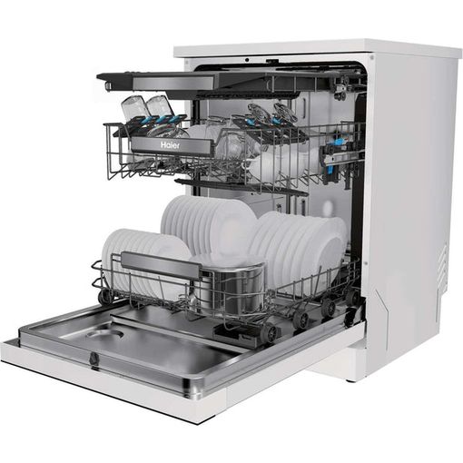 Haier I Pro Shine Series 3 white freestanding dishwasher with door open showing two wire baskets loaded with white plates and glasses, 16 place setting capacity