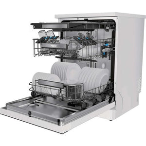 Haier I Pro Shine Series 3 white freestanding dishwasher with door open showing two wire baskets loaded with white plates and glasses, 16 place setting capacity