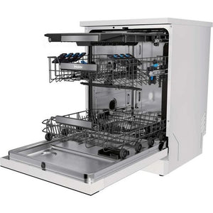 Haier I Pro Shine Series 3 white freestanding dishwasher with open door showing upper and lower wire racks, stainless steel interior, and control panel on top