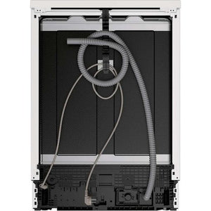 Rear view of white Haier I Pro Shine Series 3 dishwasher showing internal spray arms, hoses and mechanical components against black interior background