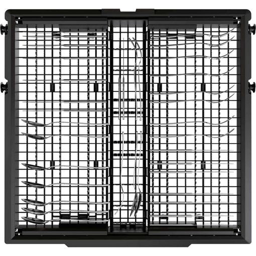 Interior view of Haier I Pro Shine Series 3 dishwasher showing black plastic racks and spray arms with grid pattern basket compartments