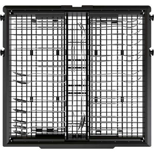 Interior view of Haier I Pro Shine Series 3 dishwasher showing black plastic racks and spray arms with grid pattern basket compartments