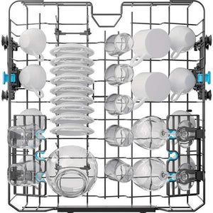 Top view of Haier I Pro Shine Series 3 white dishwasher interior showing stainless steel racks with white spray arms, clear wash baskets, and blue adjustment handles for 16 place settings capacity